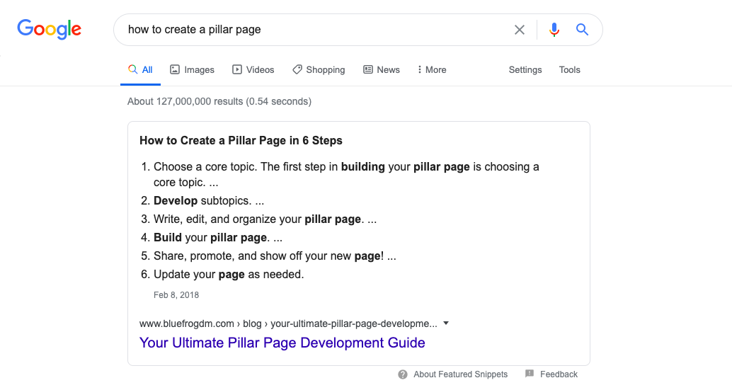 How to create a pillar page search result